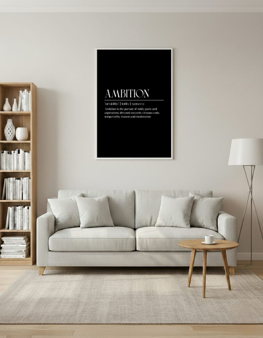 Ambition – Latin Motivation Poster | Minimal Black & White Wall Art